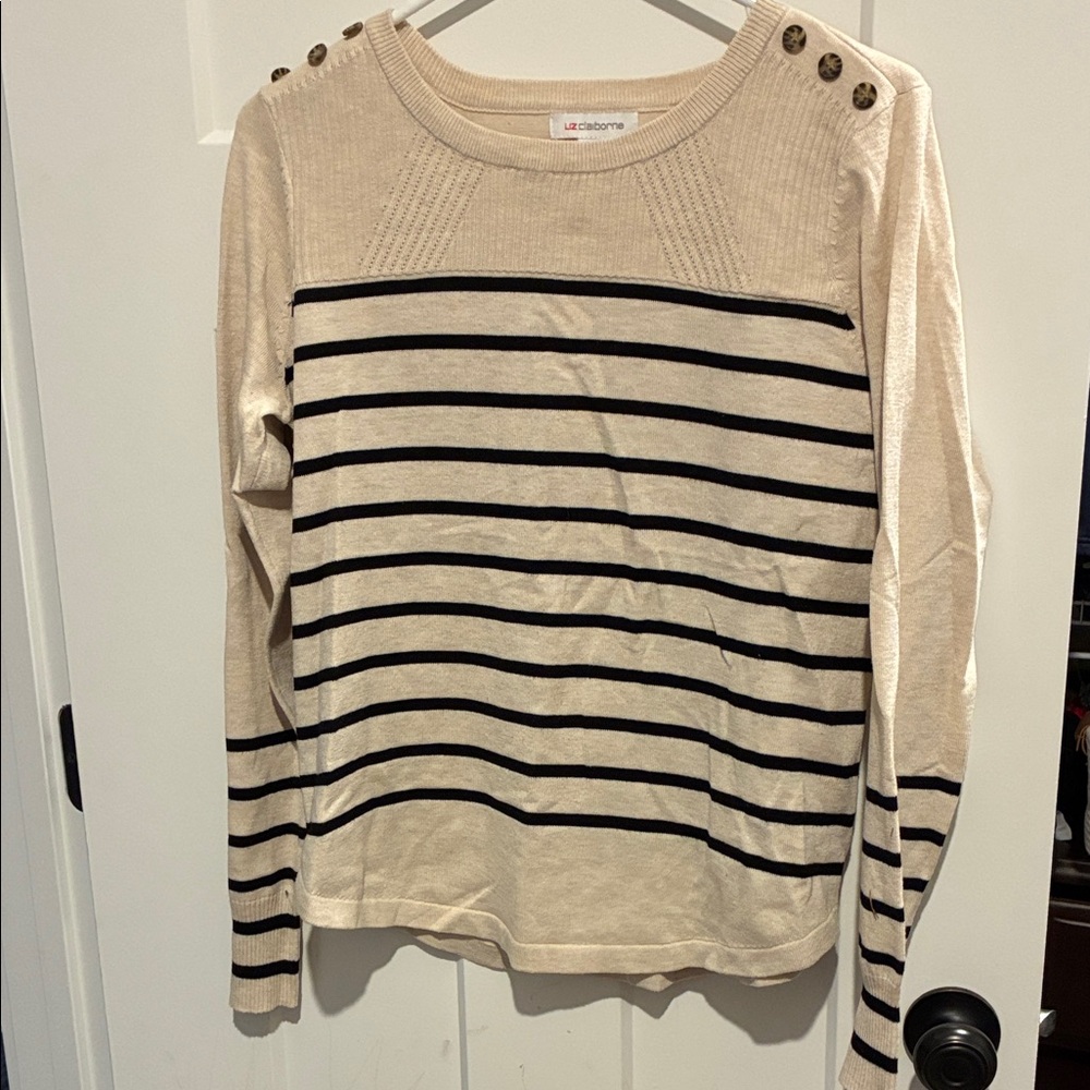 Liz Claiborne Cream and Black Striped Button-Shoulder Crewneck Sweater